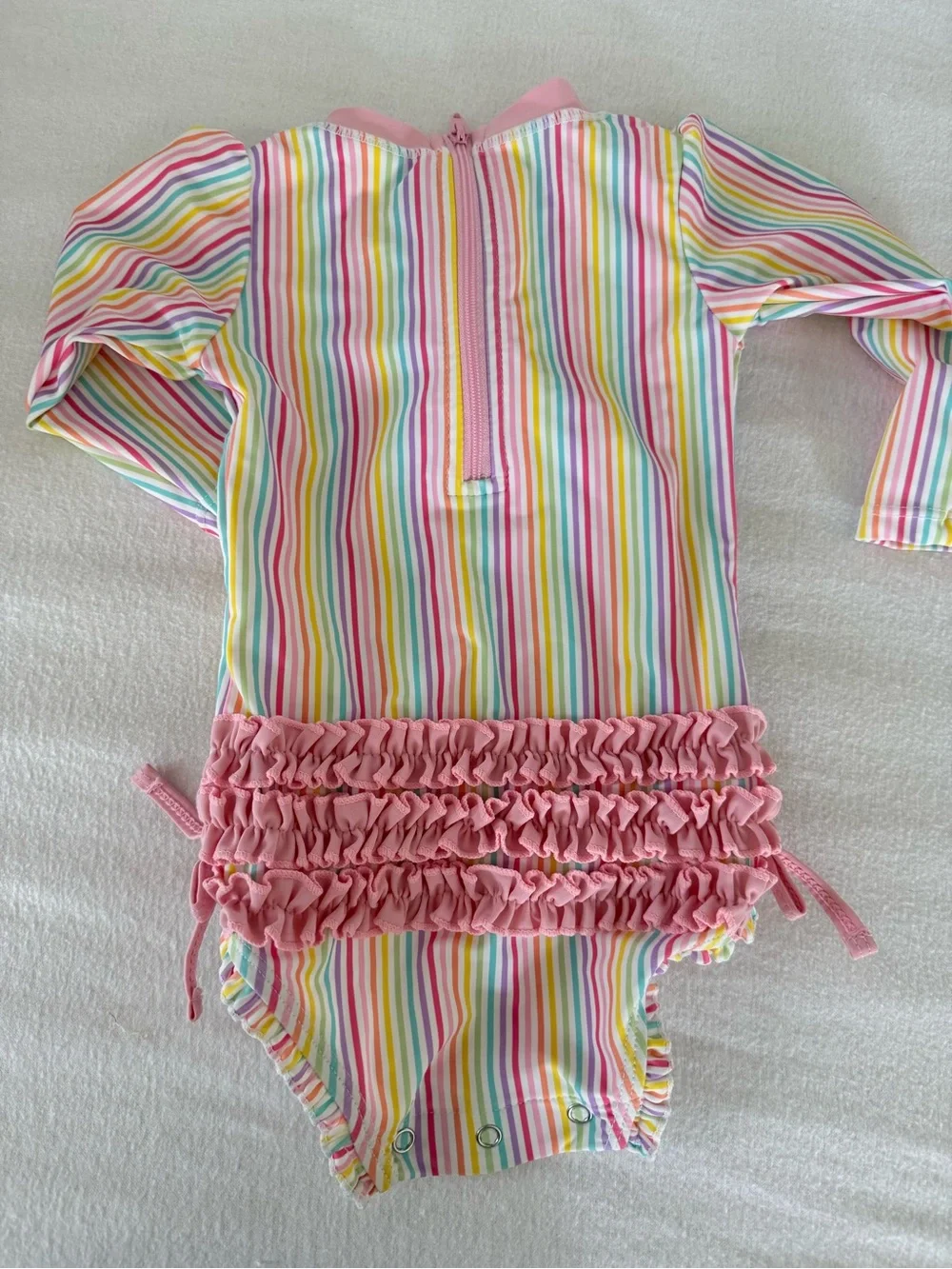 Ruffle Butts Pastel Rainbow Stripe One-Piece with Pink Trim